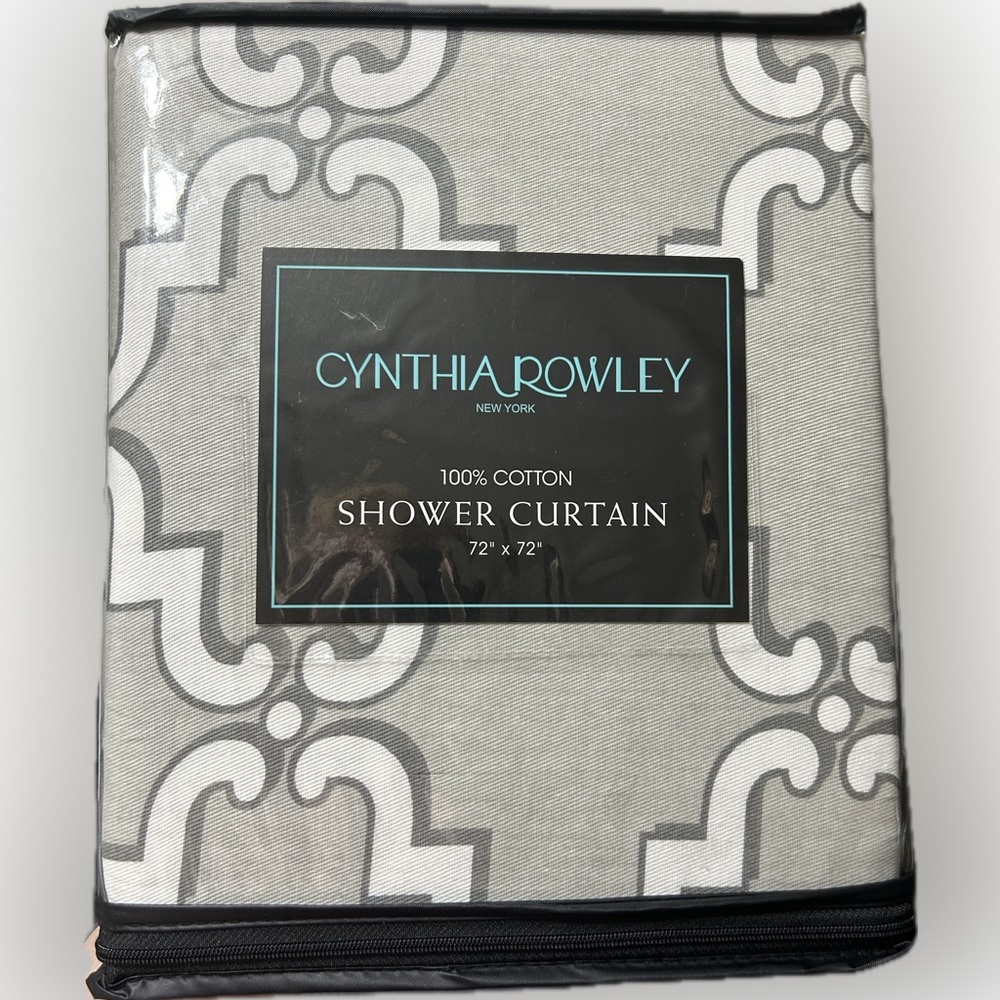 New in Package. Cynthia Rowley gray and white quatrefoil shower curtain.